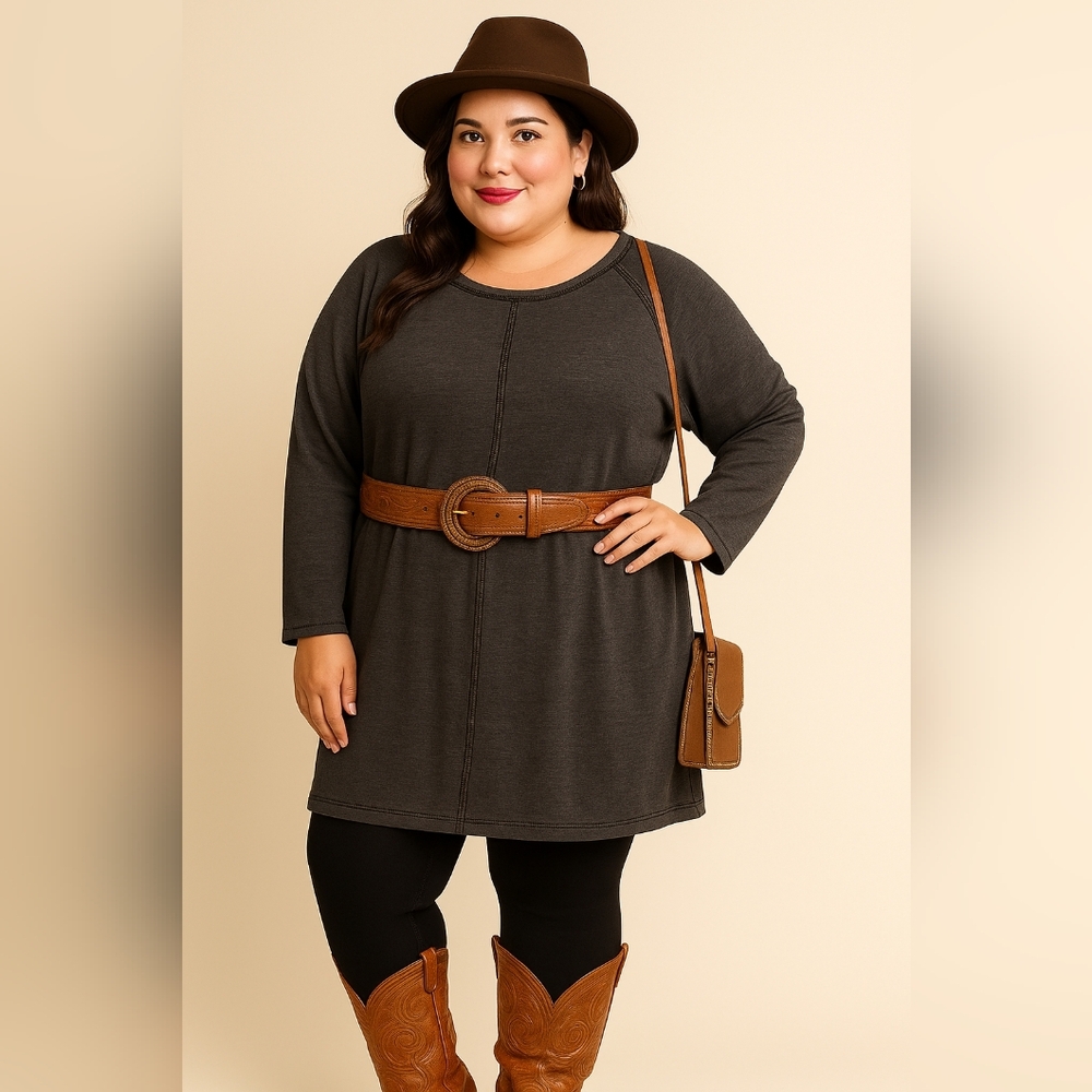 @) Bobbie Brooks Plus Size 3X Gray Long Sleeve Casual Tunic Dress Soft & Comfy